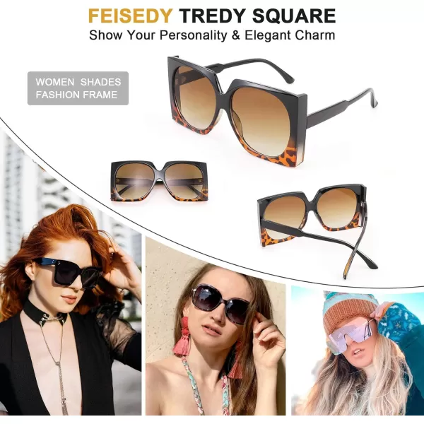 FEISEDY Vintage Big Square Sunglasses Women Fashion Large Shapes 100 UV400 Protection B2749Blackleopard Frame  Gradual Tea Lens