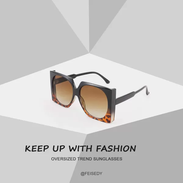 FEISEDY Vintage Big Square Sunglasses Women Fashion Large Shapes 100 UV400 Protection B2749Blackleopard Frame  Gradual Tea Lens