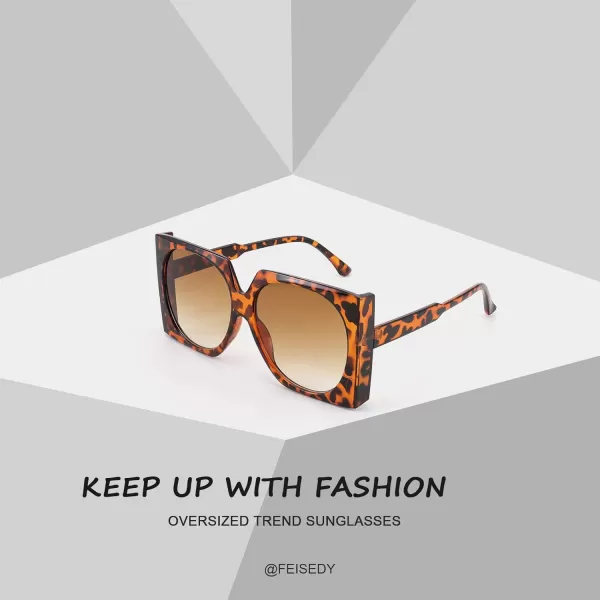 FEISEDY Vintage Big Square Sunglasses Women Fashion Large Shapes 100 UV400 Protection B2749Leopard Frame  Gradual Tea Lens