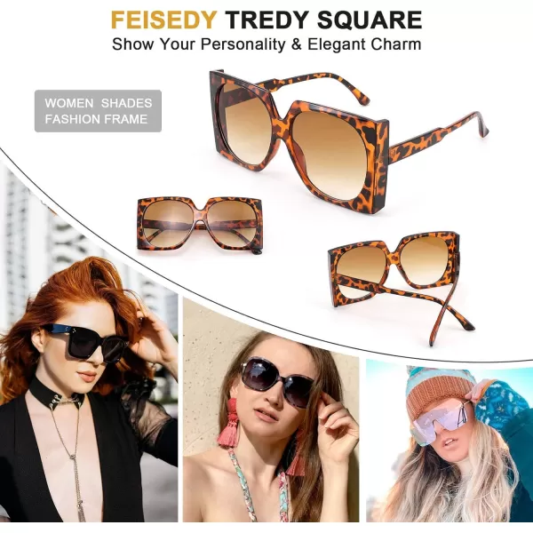 FEISEDY Vintage Big Square Sunglasses Women Fashion Large Shapes 100 UV400 Protection B2749Leopard Frame  Gradual Tea Lens