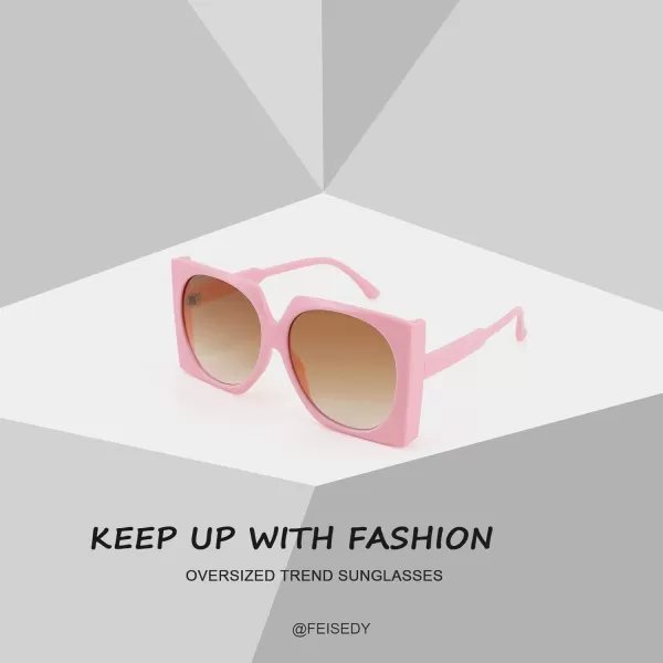FEISEDY Vintage Big Square Sunglasses Women Fashion Large Shapes 100 UV400 Protection B2749Pink Frame  Gradual Tea Lens