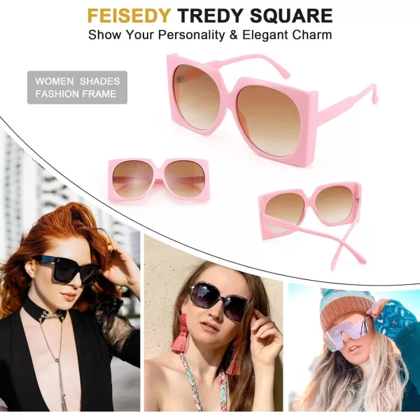 FEISEDY Vintage Big Square Sunglasses Women Fashion Large Shapes 100 UV400 Protection B2749Pink Frame  Gradual Tea Lens