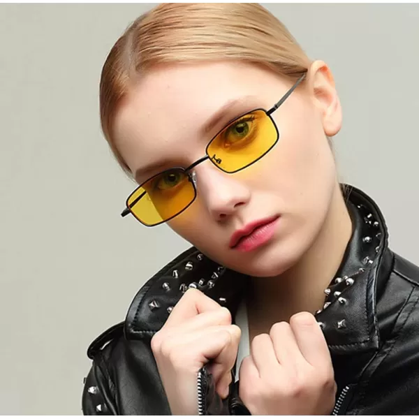 FEISEDY Vintage Small Rectangle Sunglasses Women Men Retro Trendy Square Metal Frame Sun Glasses B2295BlackYellow