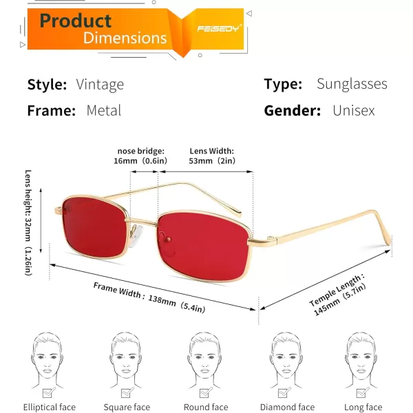FEISEDY Vintage Small Rectangle Sunglasses Women Men Retro Trendy Square Metal Frame Sun Glasses B2295GlodRed