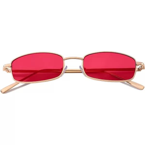 FEISEDY Vintage Small Rectangle Sunglasses Women Men Retro Trendy Square Metal Frame Sun Glasses B2295GlodRed