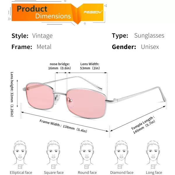FEISEDY Vintage Small Rectangle Sunglasses Women Men Retro Trendy Square Metal Frame Sun Glasses B2295SilverPink