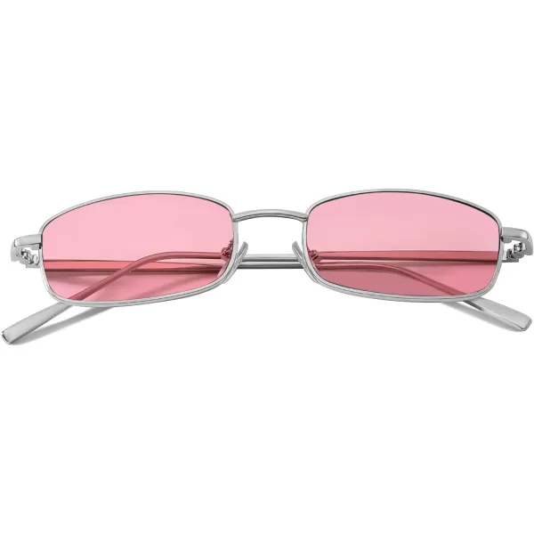 FEISEDY Vintage Small Rectangle Sunglasses Women Men Retro Trendy Square Metal Frame Sun Glasses B2295SilverPink