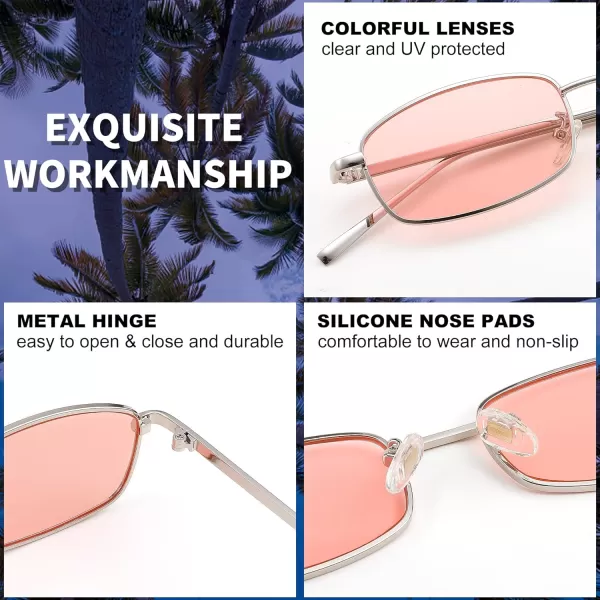FEISEDY Vintage Small Rectangle Sunglasses Women Men Retro Trendy Square Metal Frame Sun Glasses B2295SilverPink