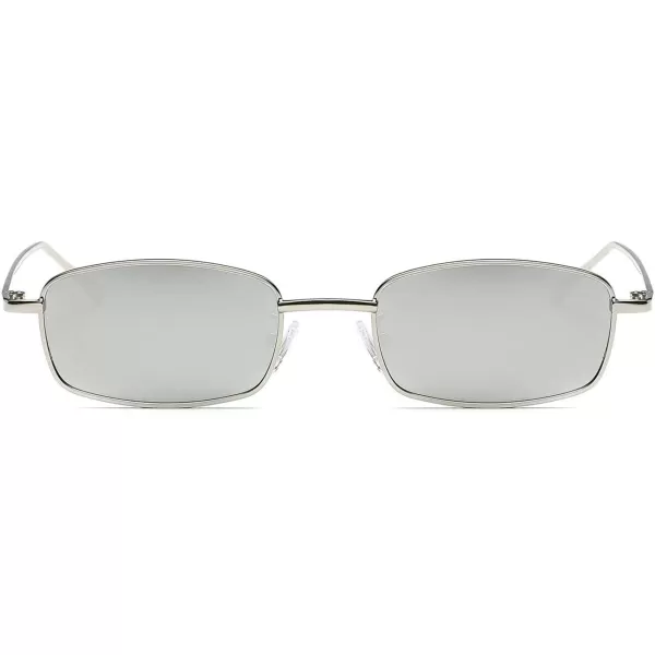 FEISEDY Vintage Small Rectangle Sunglasses Women Men Retro Trendy Square Metal Frame Sun Glasses B2295SilverWhite Mirrored