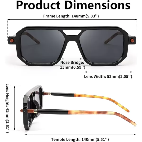 FEISEDY Vintage Square 70s Flat Aviator Sunglasses Women Men Classic Retro Stylish Frame UV400 Sunglasses B2622001 Black Frame  Grey Lens