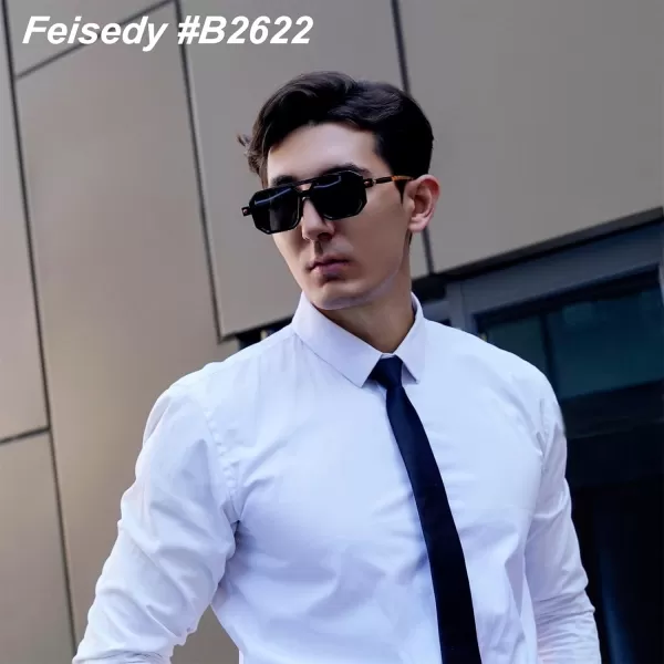 FEISEDY Vintage Square 70s Flat Aviator Sunglasses Women Men Classic Retro Stylish Frame UV400 Sunglasses B2622001 Black Frame  Grey Lens