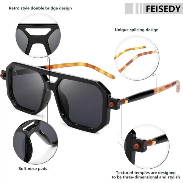 FEISEDY Vintage Square 70s Flat Aviator Sunglasses Women Men Classic Retro Stylish Frame UV400 Sunglasses B2622001 Black Frame  Grey Lens