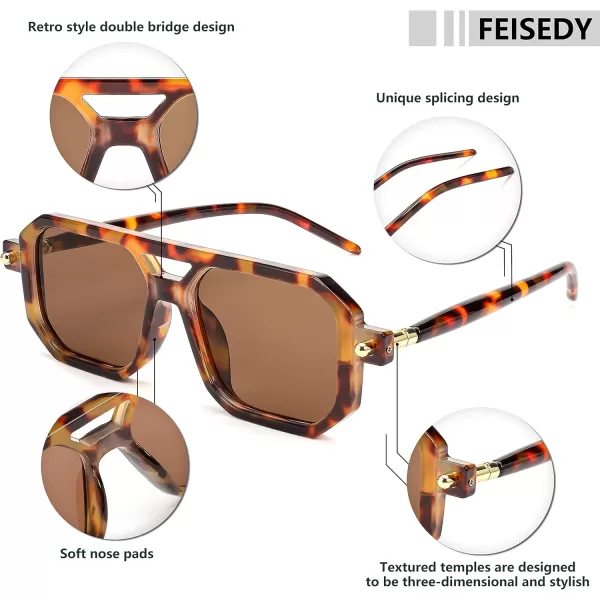 FEISEDY Vintage Square 70s Flat Aviator Sunglasses Women Men Classic Retro Stylish Frame UV400 Sunglasses B2622003 Leopard Frame  Tea Lens