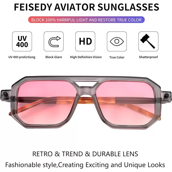 FEISEDY Vintage Square 70s Flat Aviator Sunglasses Women Men Classic Retro Stylish Frame UV400 Sunglasses B2622004 Gray Frame  Pink Lens