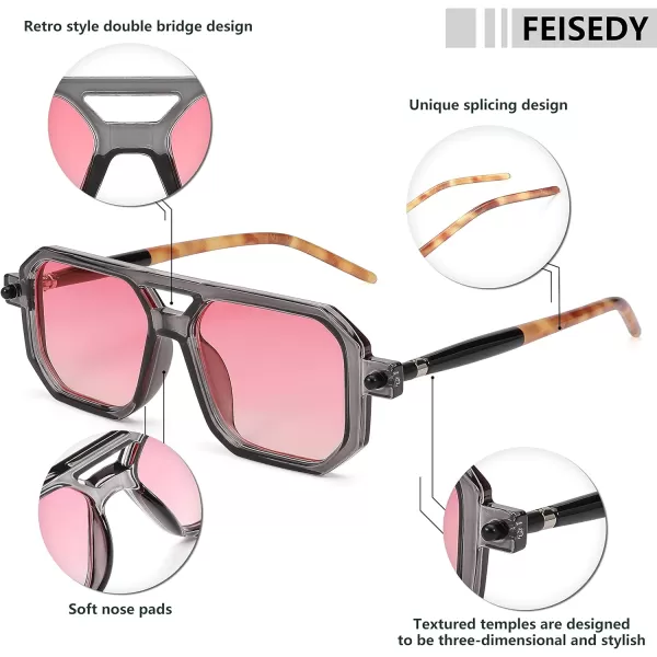 FEISEDY Vintage Square 70s Flat Aviator Sunglasses Women Men Classic Retro Stylish Frame UV400 Sunglasses B2622004 Gray Frame  Pink Lens