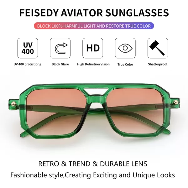 FEISEDY Vintage Square 70s Flat Aviator Sunglasses Women Men Classic Retro Stylish Frame UV400 Sunglasses B2622005 Transparent Green  Gradient Orange Lens