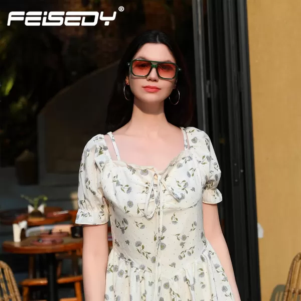 FEISEDY Vintage Square 70s Flat Aviator Sunglasses Women Men Classic Retro Stylish Frame UV400 Sunglasses B2622005 Transparent Green  Gradient Orange Lens