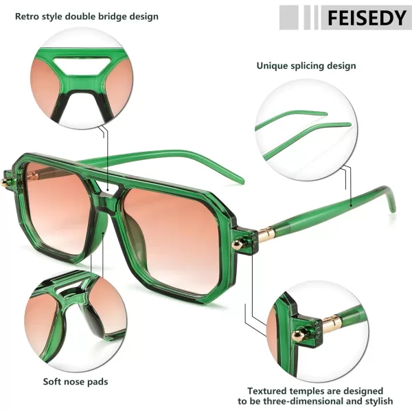 FEISEDY Vintage Square 70s Flat Aviator Sunglasses Women Men Classic Retro Stylish Frame UV400 Sunglasses B2622005 Transparent Green  Gradient Orange Lens