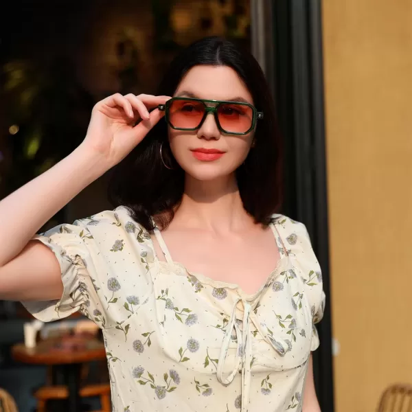 FEISEDY Vintage Square 70s Flat Aviator Sunglasses Women Men Classic Retro Stylish Frame UV400 Sunglasses B2622005 Transparent Green  Gradient Orange Lens