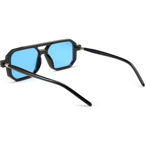 FEISEDY Vintage Square 70s Flat Aviator Sunglasses Women Men Classic Retro Stylish Frame UV400 Sunglasses B2622006 Black Frame  Blue Lens