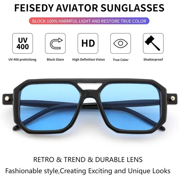 FEISEDY Vintage Square 70s Flat Aviator Sunglasses Women Men Classic Retro Stylish Frame UV400 Sunglasses B2622006 Black Frame  Blue Lens