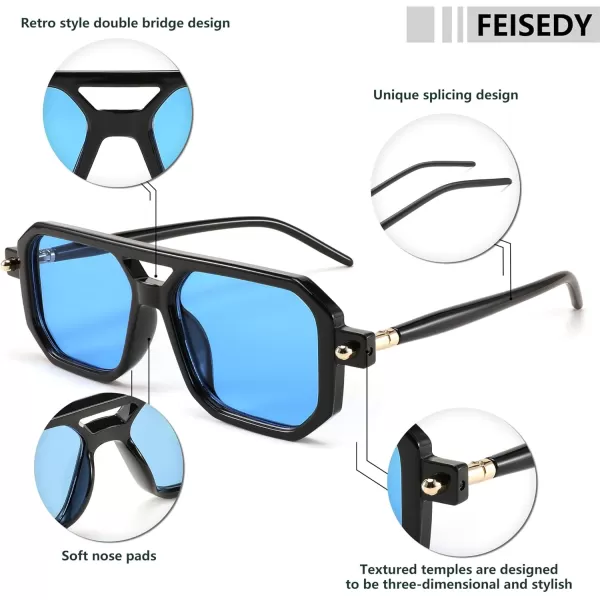 FEISEDY Vintage Square 70s Flat Aviator Sunglasses Women Men Classic Retro Stylish Frame UV400 Sunglasses B2622006 Black Frame  Blue Lens
