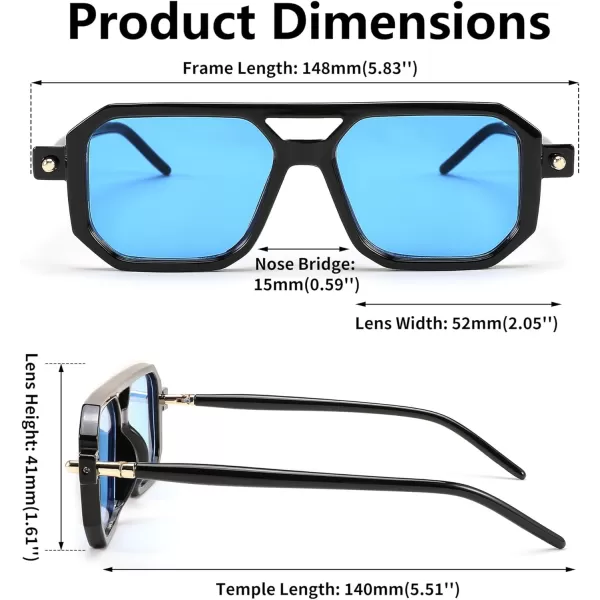 FEISEDY Vintage Square 70s Flat Aviator Sunglasses Women Men Classic Retro Stylish Frame UV400 Sunglasses B2622006 Black Frame  Blue Lens