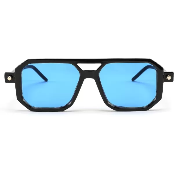 FEISEDY Vintage Square 70s Flat Aviator Sunglasses Women Men Classic Retro Stylish Frame UV400 Sunglasses B2622006 Black Frame  Blue Lens