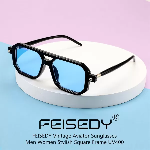 FEISEDY Vintage Square 70s Flat Aviator Sunglasses Women Men Classic Retro Stylish Frame UV400 Sunglasses B2622006 Black Frame  Blue Lens