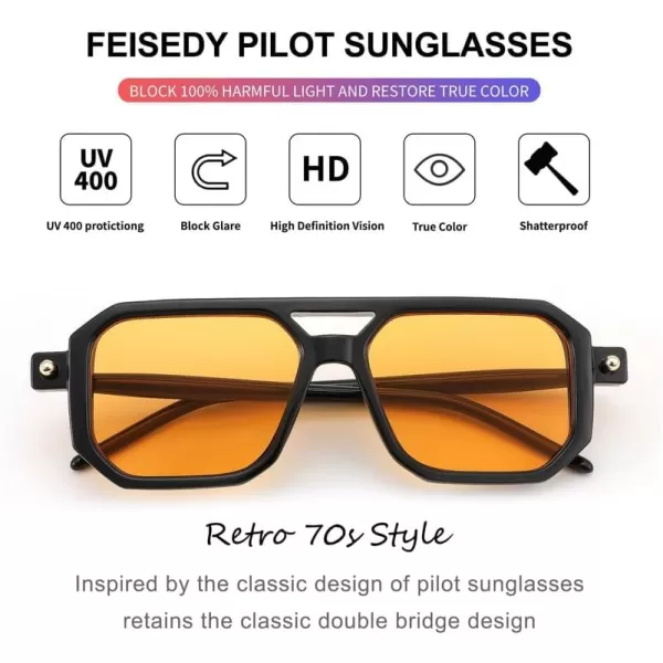 FEISEDY Vintage Square 70s Flat Aviator Sunglasses Women Men Classic Retro Stylish Frame UV400 Sunglasses B2622007 Black Frame  Orange Lens