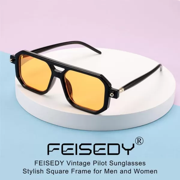 FEISEDY Vintage Square 70s Flat Aviator Sunglasses Women Men Classic Retro Stylish Frame UV400 Sunglasses B2622007 Black Frame  Orange Lens