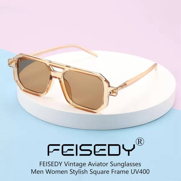 FEISEDY Vintage Square 70s Flat Aviator Sunglasses Women Men Classic Retro Stylish Frame UV400 Sunglasses B2622008 Brown Transparent Frame  Brown Lens