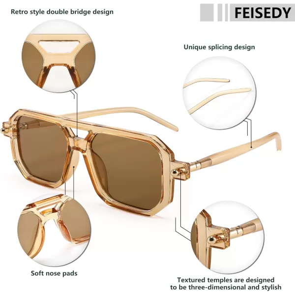 FEISEDY Vintage Square 70s Flat Aviator Sunglasses Women Men Classic Retro Stylish Frame UV400 Sunglasses B2622008 Brown Transparent Frame  Brown Lens