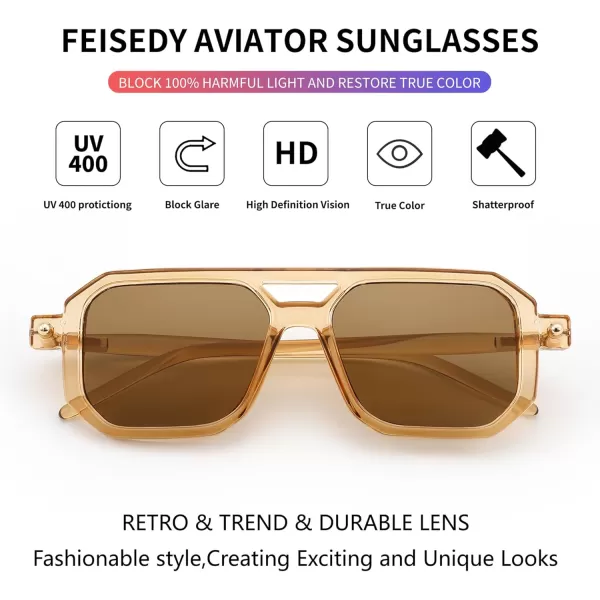 FEISEDY Vintage Square 70s Flat Aviator Sunglasses Women Men Classic Retro Stylish Frame UV400 Sunglasses B2622008 Brown Transparent Frame  Brown Lens