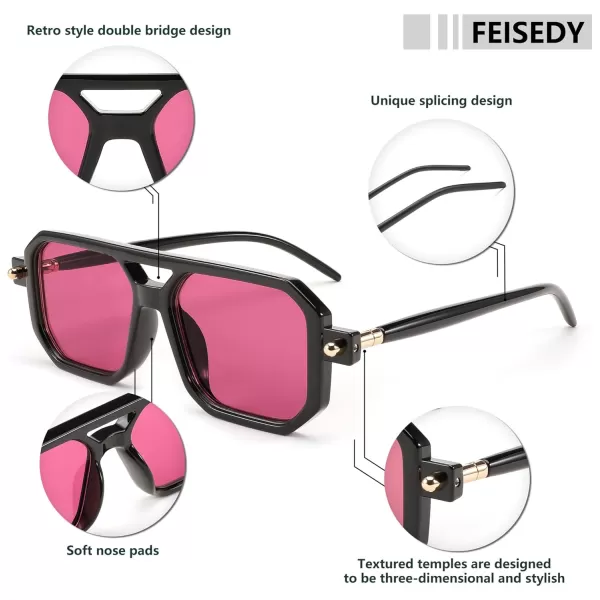 FEISEDY Vintage Square 70s Flat Aviator Sunglasses Women Men Classic Retro Stylish Frame UV400 Sunglasses B2622009 Black Frame  Purple Lens