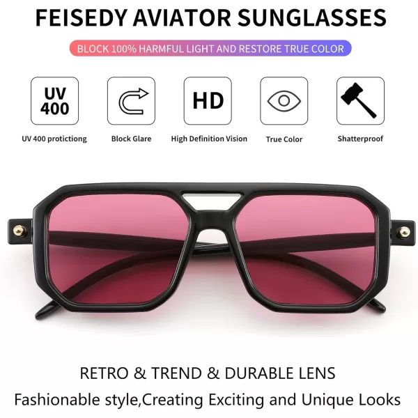 FEISEDY Vintage Square 70s Flat Aviator Sunglasses Women Men Classic Retro Stylish Frame UV400 Sunglasses B2622009 Black Frame  Purple Lens
