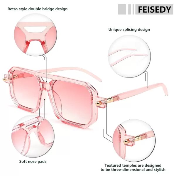 FEISEDY Vintage Square 70s Flat Aviator Sunglasses Women Men Classic Retro Stylish Frame UV400 Sunglasses B2622010 Transparent Pink  Gradient Pink Lens