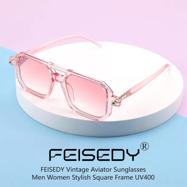 FEISEDY Vintage Square 70s Flat Aviator Sunglasses Women Men Classic Retro Stylish Frame UV400 Sunglasses B2622010 Transparent Pink  Gradient Pink Lens