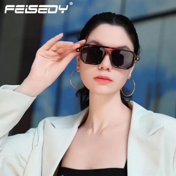 FEISEDY Vintage Square 70s Flat Aviator Sunglasses Women Men Classic Retro Stylish Frame UV400 Sunglasses B2622011 Brown Tortoise Frame  Grey Lens