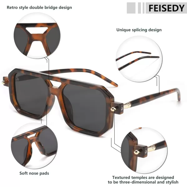 FEISEDY Vintage Square 70s Flat Aviator Sunglasses Women Men Classic Retro Stylish Frame UV400 Sunglasses B2622011 Brown Tortoise Frame  Grey Lens