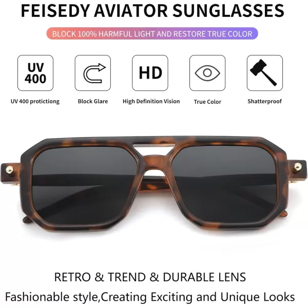 FEISEDY Vintage Square 70s Flat Aviator Sunglasses Women Men Classic Retro Stylish Frame UV400 Sunglasses B2622011 Brown Tortoise Frame  Grey Lens