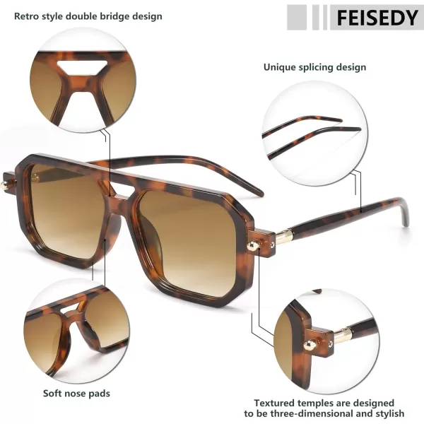 FEISEDY Vintage Square 70s Flat Aviator Sunglasses Women Men Classic Retro Stylish Frame UV400 Sunglasses B2622012 Brown Tortoise Frame  Gradient Tea Lens