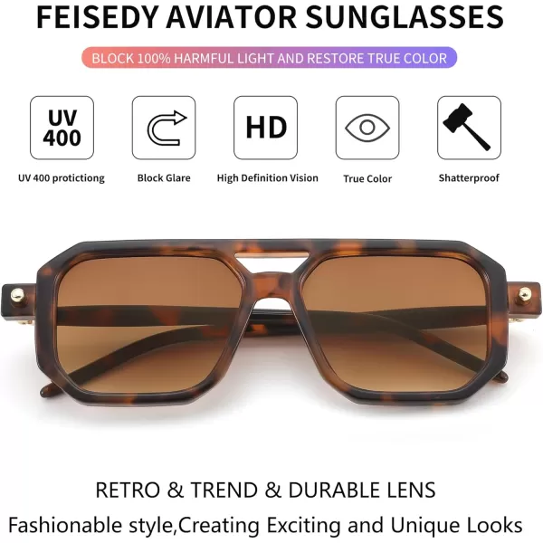 FEISEDY Vintage Square 70s Flat Aviator Sunglasses Women Men Classic Retro Stylish Frame UV400 Sunglasses B2622012 Brown Tortoise Frame  Gradient Tea Lens