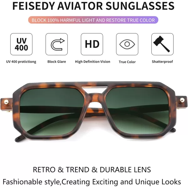 FEISEDY Vintage Square 70s Flat Aviator Sunglasses Women Men Classic Retro Stylish Frame UV400 Sunglasses B2622013 Brown Tortoise Frame  Gradient Dark Green Lens