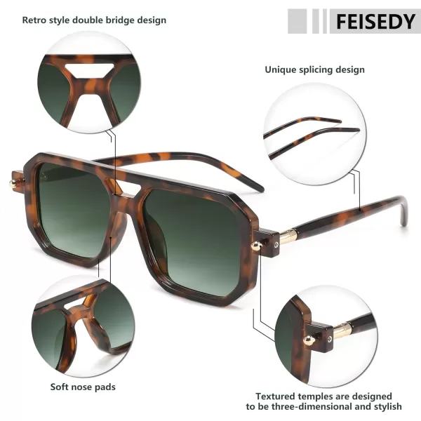 FEISEDY Vintage Square 70s Flat Aviator Sunglasses Women Men Classic Retro Stylish Frame UV400 Sunglasses B2622013 Brown Tortoise Frame  Gradient Dark Green Lens