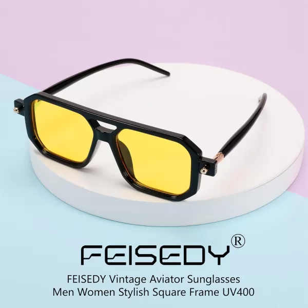 FEISEDY Vintage Square 70s Flat Aviator Sunglasses Women Men Classic Retro Stylish Frame UV400 Sunglasses B2622014 Black Frame  Bright Yellow Lens
