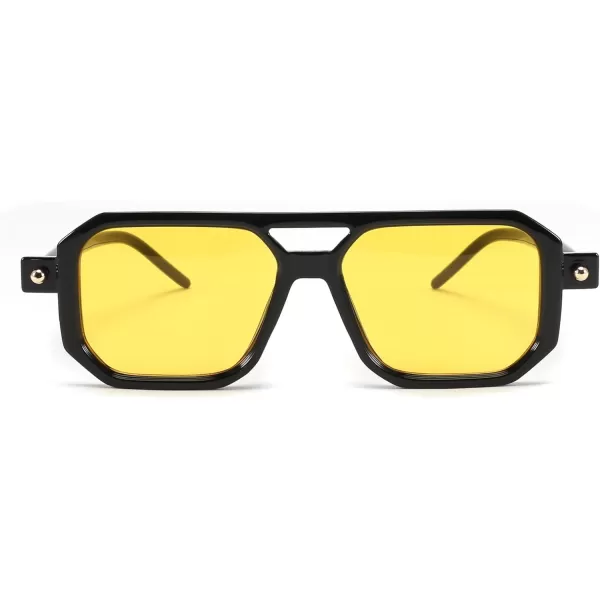 FEISEDY Vintage Square 70s Flat Aviator Sunglasses Women Men Classic Retro Stylish Frame UV400 Sunglasses B2622014 Black Frame  Bright Yellow Lens
