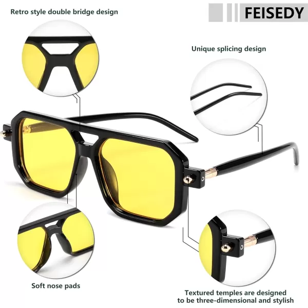 FEISEDY Vintage Square 70s Flat Aviator Sunglasses Women Men Classic Retro Stylish Frame UV400 Sunglasses B2622014 Black Frame  Bright Yellow Lens