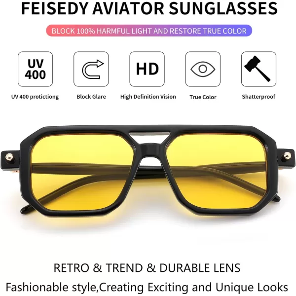 FEISEDY Vintage Square 70s Flat Aviator Sunglasses Women Men Classic Retro Stylish Frame UV400 Sunglasses B2622014 Black Frame  Bright Yellow Lens