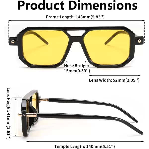 FEISEDY Vintage Square 70s Flat Aviator Sunglasses Women Men Classic Retro Stylish Frame UV400 Sunglasses B2622014 Black Frame  Bright Yellow Lens